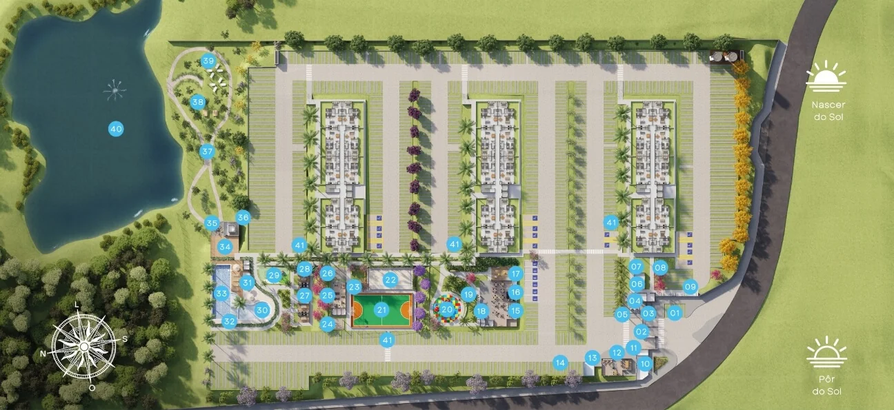 Planta de implantação numerada do condomínio Parque das Águas, com as 3 torres e os 41 pontos de lazer e infraestrutura