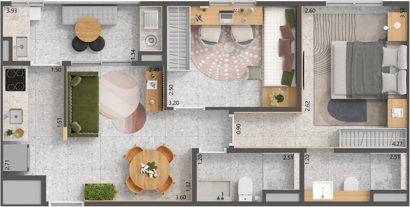 Planta baixa — Apto. Meio - 2 Dorms (1 Suíte)